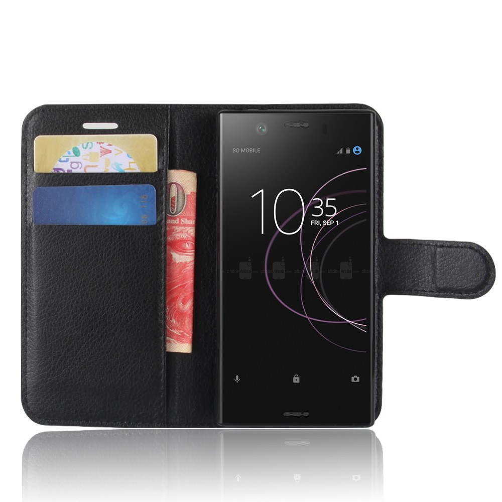 Couverture de Protection en Cuir de Cartes de Grain Litchi Couvercle de Boîtier de Protection en Cuir Pour le Coque de Téléphone du Portefeuille de Portefeuille Compact Sony Xperia XZ1 - le Noir-4