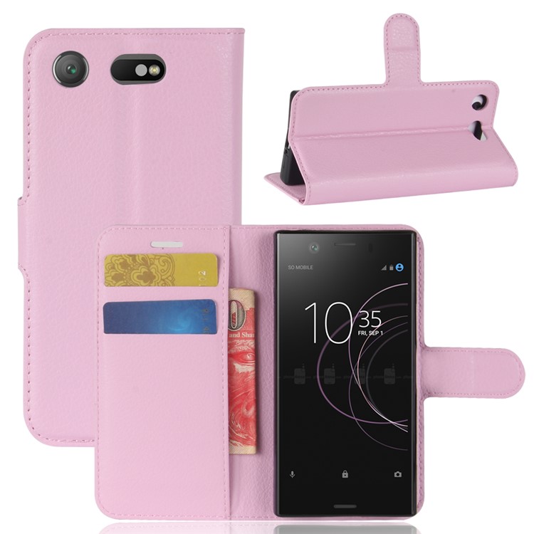 Litchi Grain Stand Leather Cell Phone Case with Stand for Sony Xperia XZ1 Compact - Pink-1