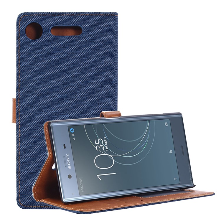 Casta de Couro Oxford Slots de Telefone Com Stand Para a Sony Xperia Xz1 - Azul Escuro