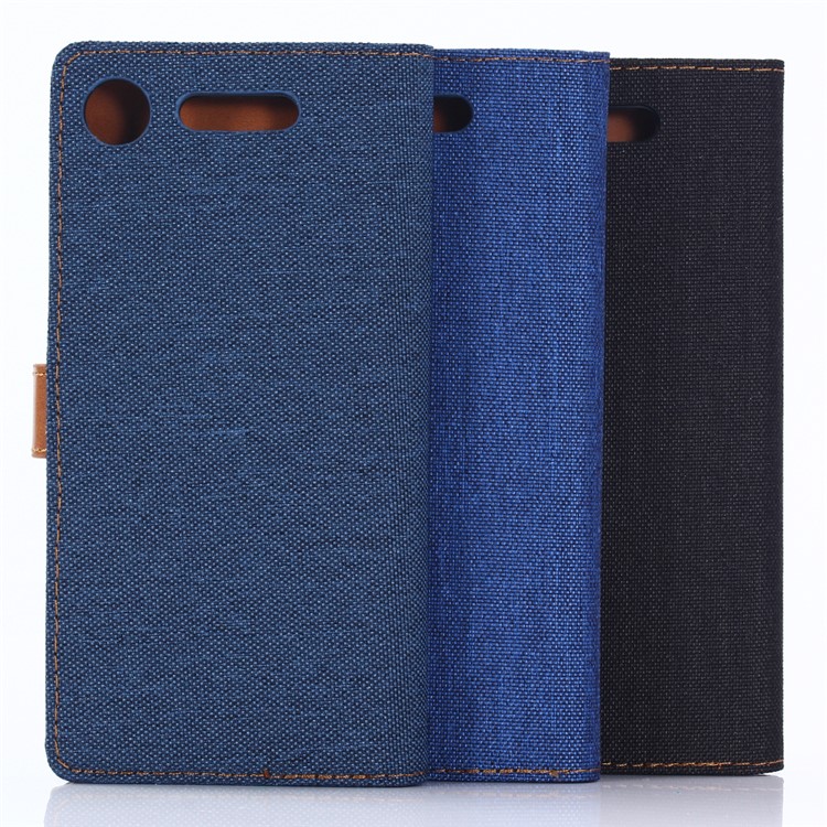 Casta de Couro Oxford Slots de Telefone Com Stand Para a Sony Xperia Xz1 - Azul Escuro