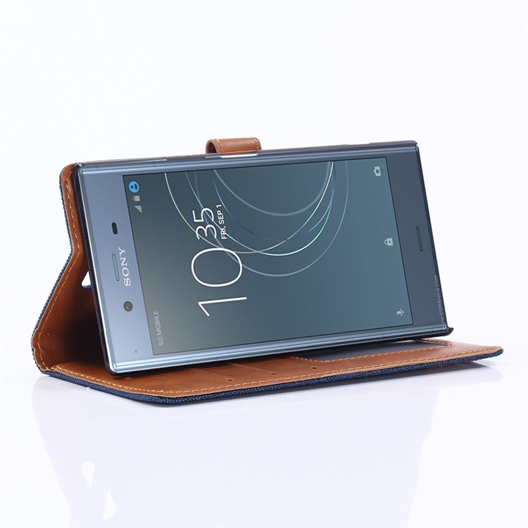 Oxford Cloth Leather Card Slots Phone Shell with Stand for Sony Xperia XZ1 - Dark Blue-9