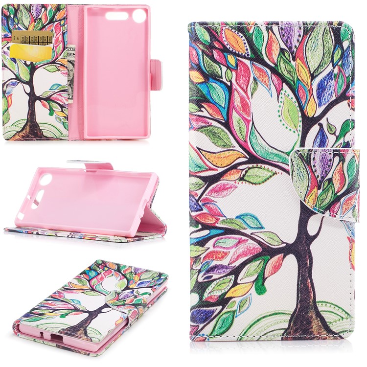 Patterned PU Leather Wallet Protective Phone Case with Stand for Sony Xperia XZ1 - Tree with Colorful Leaves-1