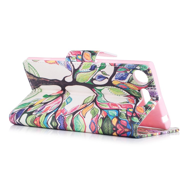 Patterned PU Leather Wallet Protective Phone Case with Stand for Sony Xperia XZ1 - Tree with Colorful Leaves-4