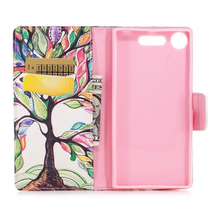 Patterned PU Leather Wallet Protective Phone Case with Stand for Sony Xperia XZ1 - Tree with Colorful Leaves-8