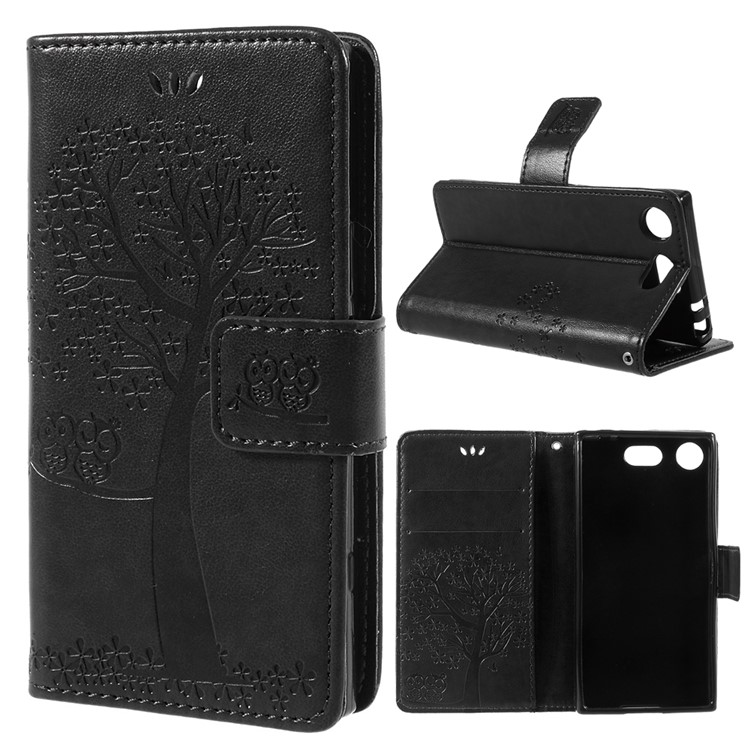 Imprint Tree Búho Cartera de cuero para Sony Xperia XZ1 Compact - Negro-1