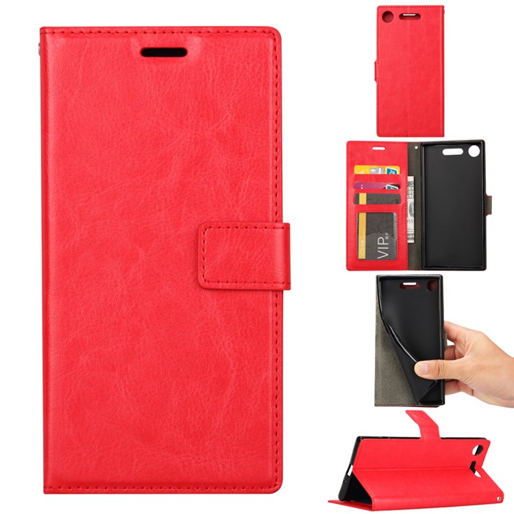 For Sony Xperia XZ1 Compact Crazy Horse Card Holder PU Leather Phone Cover - Red-1