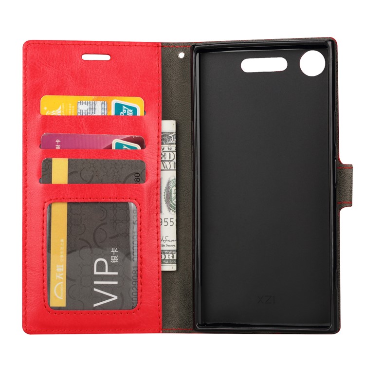 For Sony Xperia XZ1 Compact Crazy Horse Card Holder PU Leather Phone Cover - Red-4