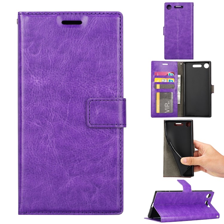 For Sony Xperia XZ1 Compact Crazy Horse Flip Stand Leather Shell Case with Card Slots - Purple-1