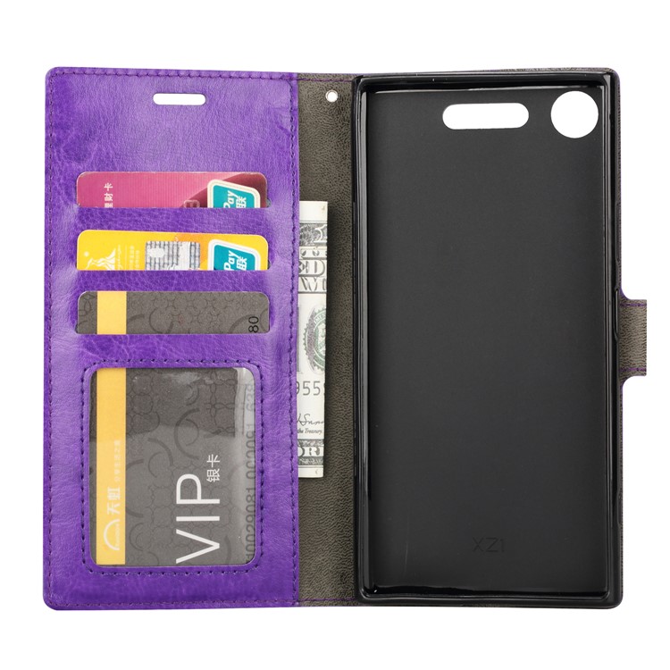 For Sony Xperia XZ1 Compact Crazy Horse Flip Stand Leather Shell Case with Card Slots - Purple-3