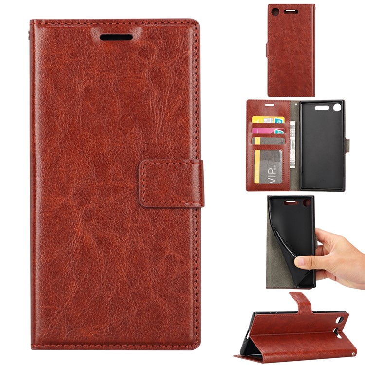 For Sony Xperia XZ1 Compact Crazy Horse Leather Wallet Magnetic Flap Case with Stand - Brown-1