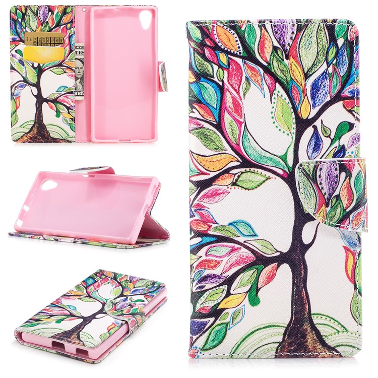 Pattern Printing PU Leather Wallet Stand Phone Shell for Sony Xperia XA1 Plus - Tree with Colorful Leaves-1
