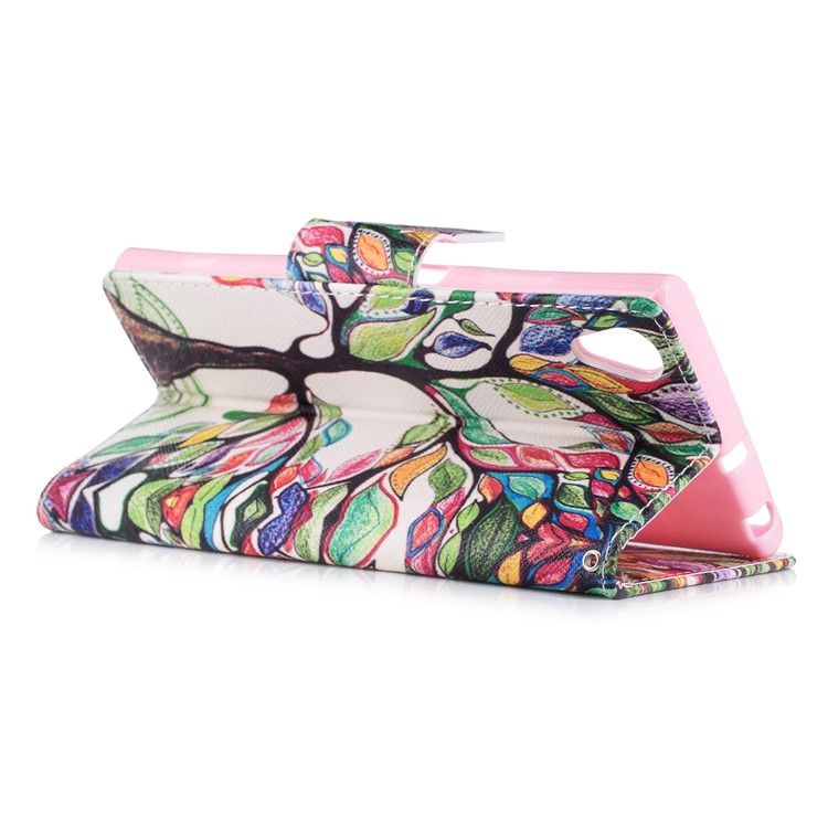Pattern Printing PU Leather Wallet Stand Phone Shell for Sony Xperia XA1 Plus - Tree with Colorful Leaves-4