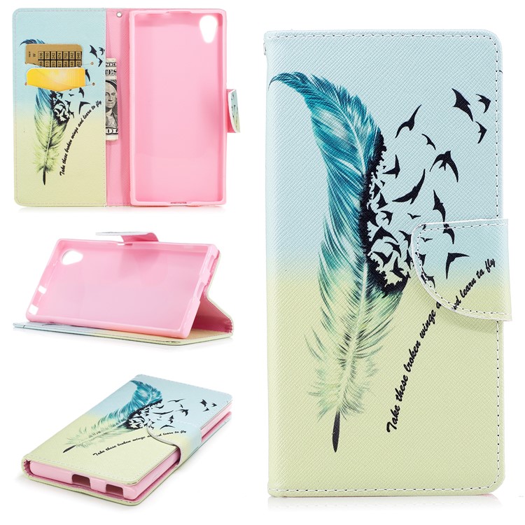 Pattern Printing PU Leather Wallet Stand Mobile Phone Case for Sony Xperia XA1 Plus - Feather and Birds-1