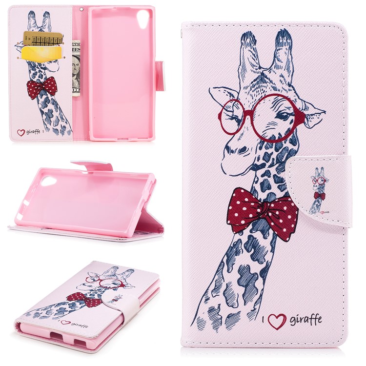 Pattern Printing PU Leather Wallet Stand Cell Phone Case for Sony Xperia XA1 Plus - Giraffe Wearing Glasses-1