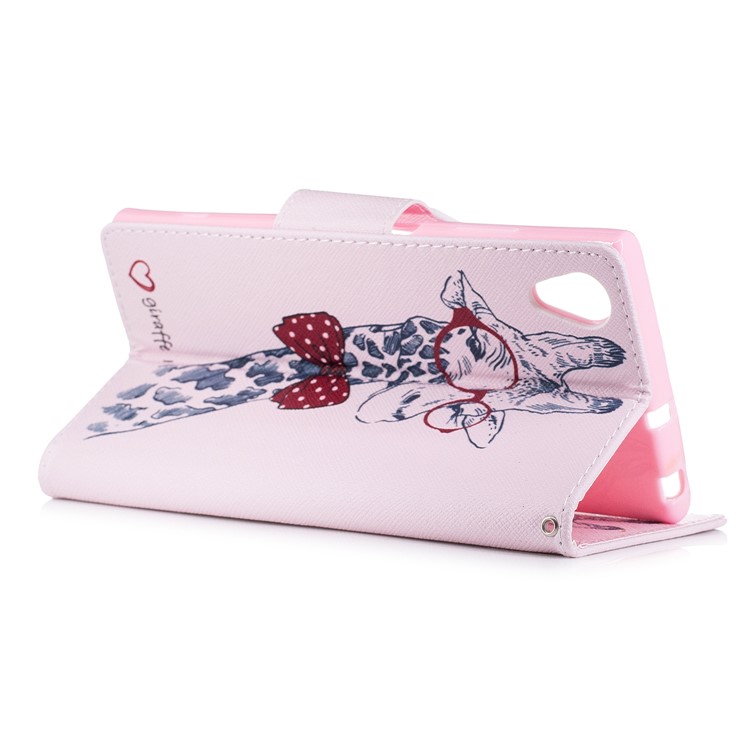 Pattern Printing PU Leather Wallet Stand Cell Phone Case for Sony Xperia XA1 Plus - Giraffe Wearing Glasses-4