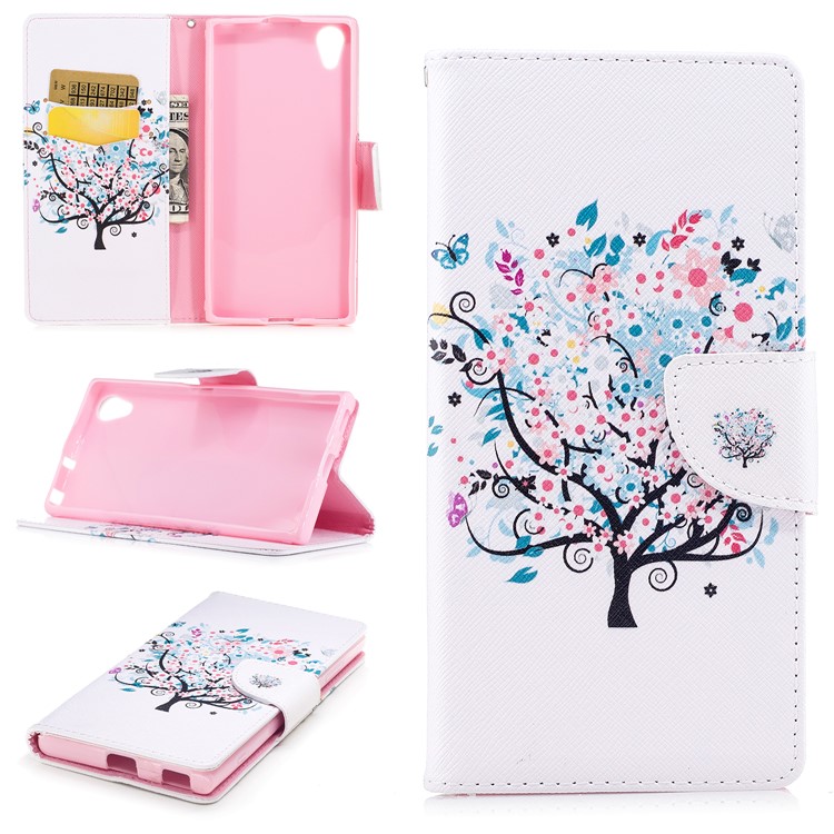 Pattern Printing PU Leather Wallet Stand Mobile Phone Shell for Sony Xperia XA1 Plus - Blue Tree with Flowers-1