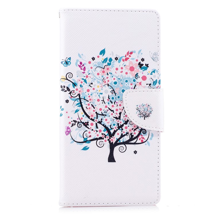 Pattern Printing PU Leather Wallet Stand Mobile Phone Shell for Sony Xperia XA1 Plus - Blue Tree with Flowers-2