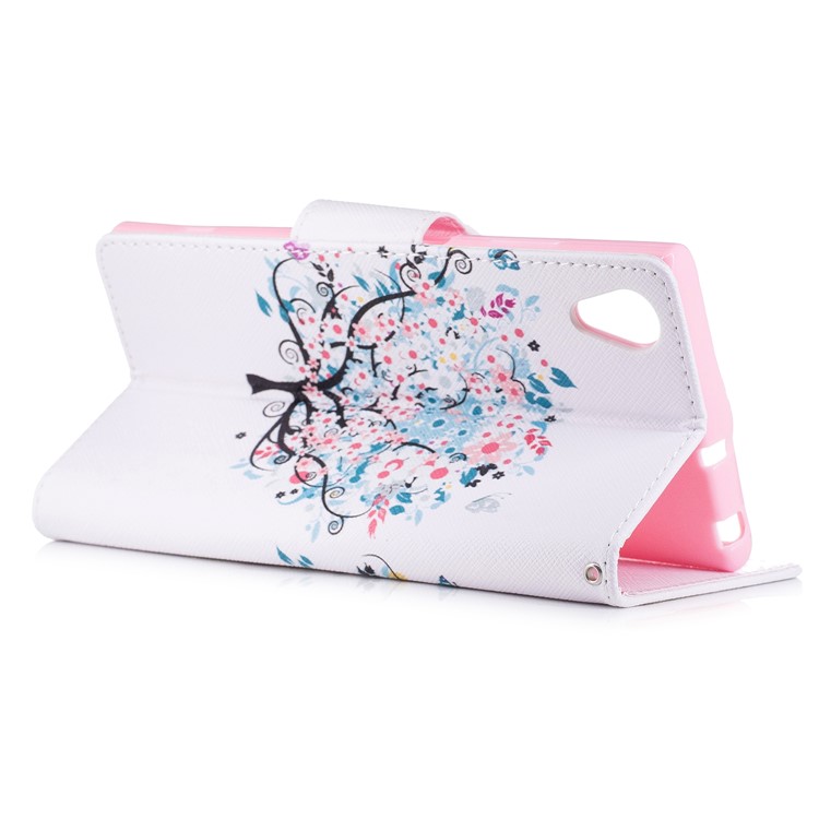 Pattern Printing PU Leather Wallet Stand Mobile Phone Shell for Sony Xperia XA1 Plus - Blue Tree with Flowers-4