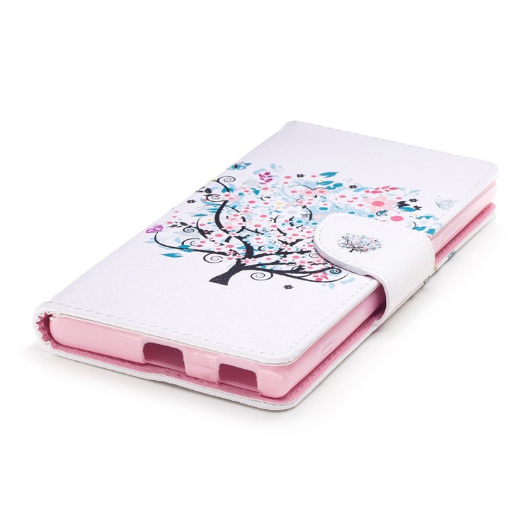 Pattern Printing PU Leather Wallet Stand Mobile Phone Shell for Sony Xperia XA1 Plus - Blue Tree with Flowers-6