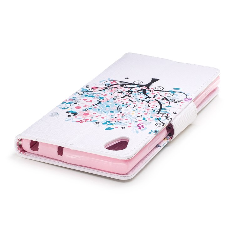 Pattern Printing PU Leather Wallet Stand Mobile Phone Shell for Sony Xperia XA1 Plus - Blue Tree with Flowers-7