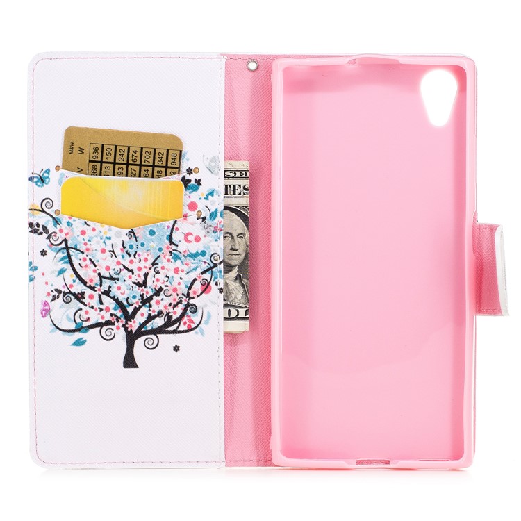 Pattern Printing PU Leather Wallet Stand Mobile Phone Shell for Sony Xperia XA1 Plus - Blue Tree with Flowers-8