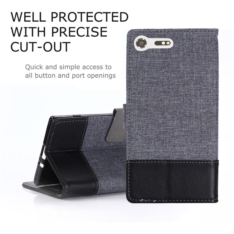 MUXMA Leather Canvas Splicing Stand Mobile Phone Casing for Sony Xperia XZ Premium - Black-1