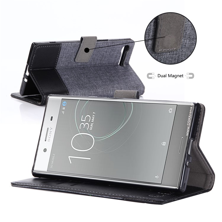 MUXMA Leather Canvas Splicing Stand Mobile Phone Casing for Sony Xperia XZ Premium - Black-5