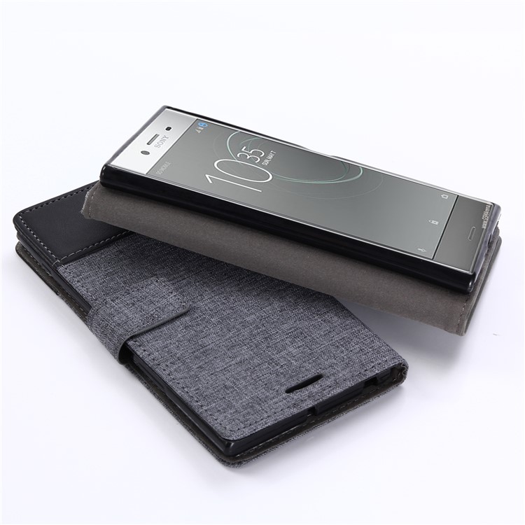 MUXMA Leather Canvas Splicing Stand Mobile Phone Casing for Sony Xperia XZ Premium - Black-9