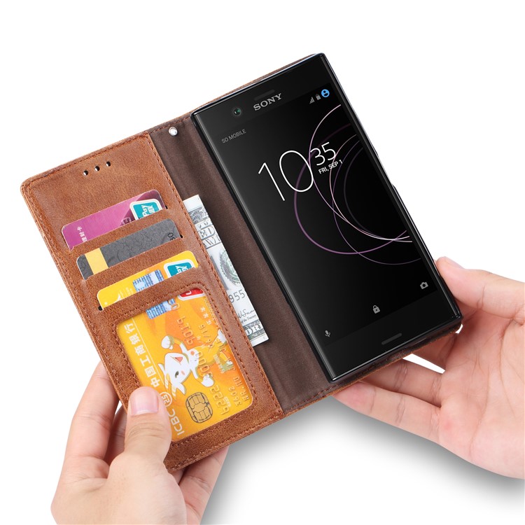 Auto-absorbed Wallet Stand Leather Phone Cover for Sony Xperia XZ1 Compact - Brown-7