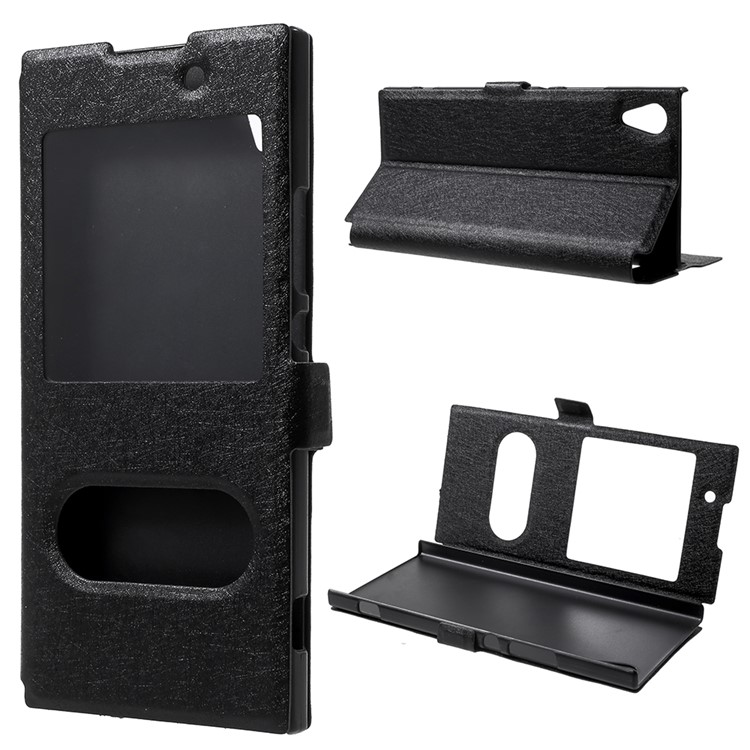 Silk Texture Dual Window Leather Phone Flip Case for Sony Xperia XA1 - Black-1