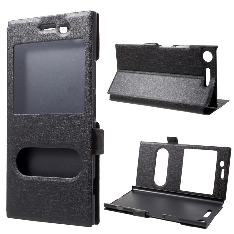 Silk Texture Dual Window Leather Phone Case for Sony Xperia XZ1 - Black-1