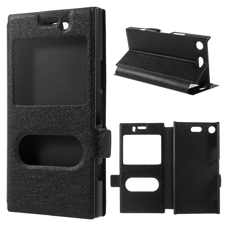 Silk Texture Dual Window Leather Phone Case for Sony Xperia X1 Compact - Black-1