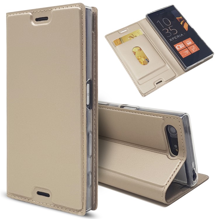 Magnetic Leather Card Holder Shell for Sony Xperia X Compact - Gold-1