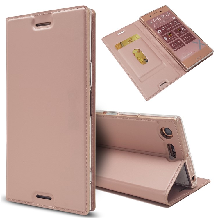Auto-absorbed Magnetic Leather Card Holder Case for Sony Xperia XZ Premium - Rose Gold-1
