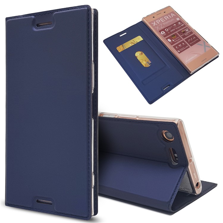 Auto-absorbed Magnetic Leather Stand Cell Phone Cover for Sony Xperia XZ Premium - Dark Blue-1