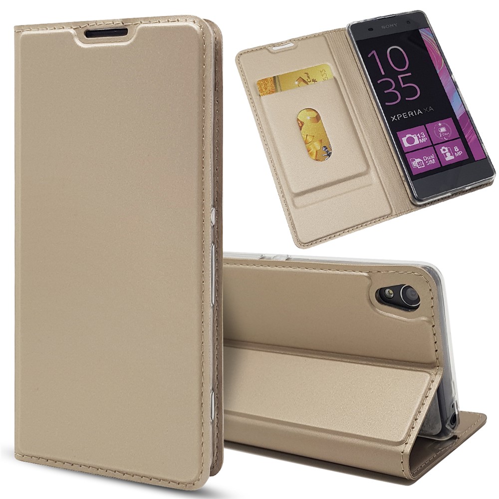 Magnetic Leather Card Holder Shell for Sony Xperia XA / XA Dual - Gold-1