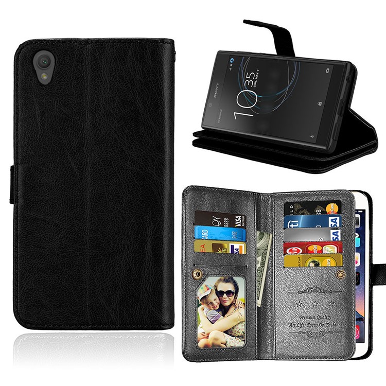 Crazy Horse Grain Wallet Leather Folio Cell Phone Case with Stand for Sony Xperia L1 - Black-1