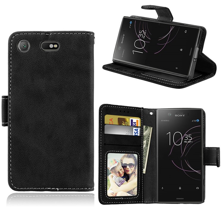 Matte Finish Wallet PU Leather Stand Case for Sony Xperia XZ1 Compact - Black-1