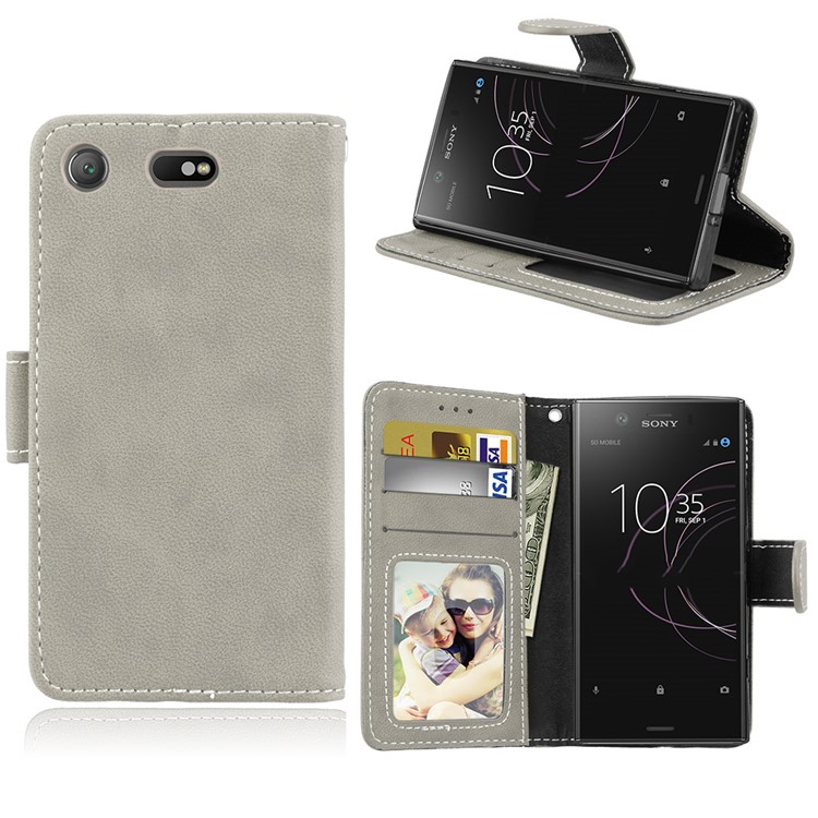 Matte Finish Wallet PU Leather Stand Cover for Sony Xperia XZ1 Compact - Grey-1