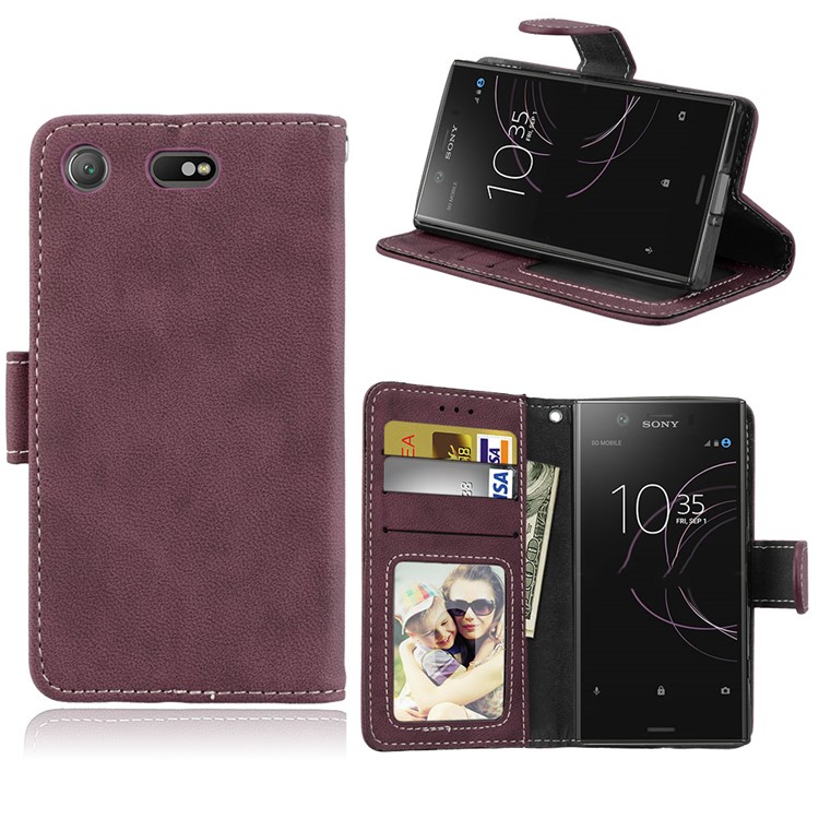 Matte Finish Wallet PU Leather Stand Shell for Sony Xperia XZ1 Compact - Wine Red-1