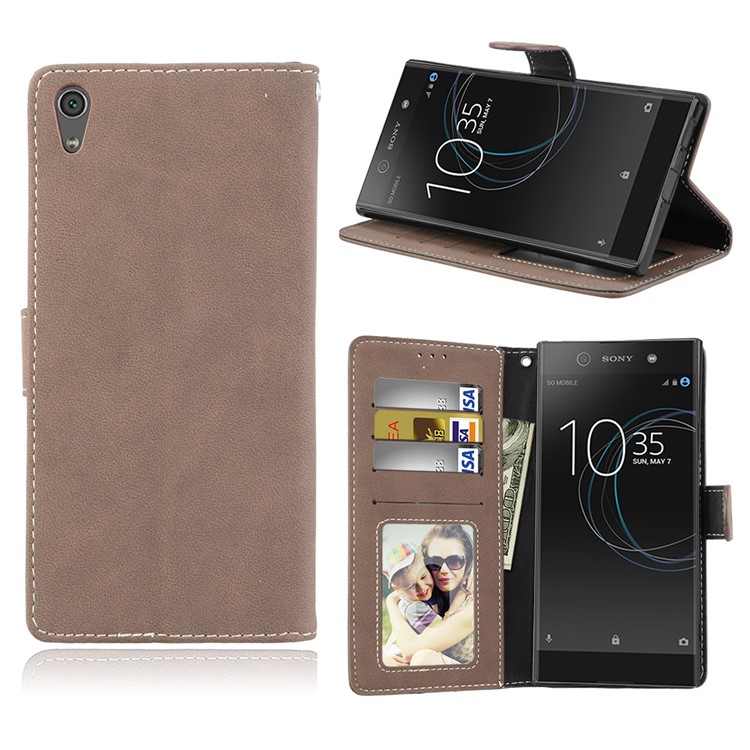 Matte Surface PU Leather 3 Card Slots Wallet Stand Mobile Phone Casing Cover for Sony Xperia XA1 Ultra - Khaki-1