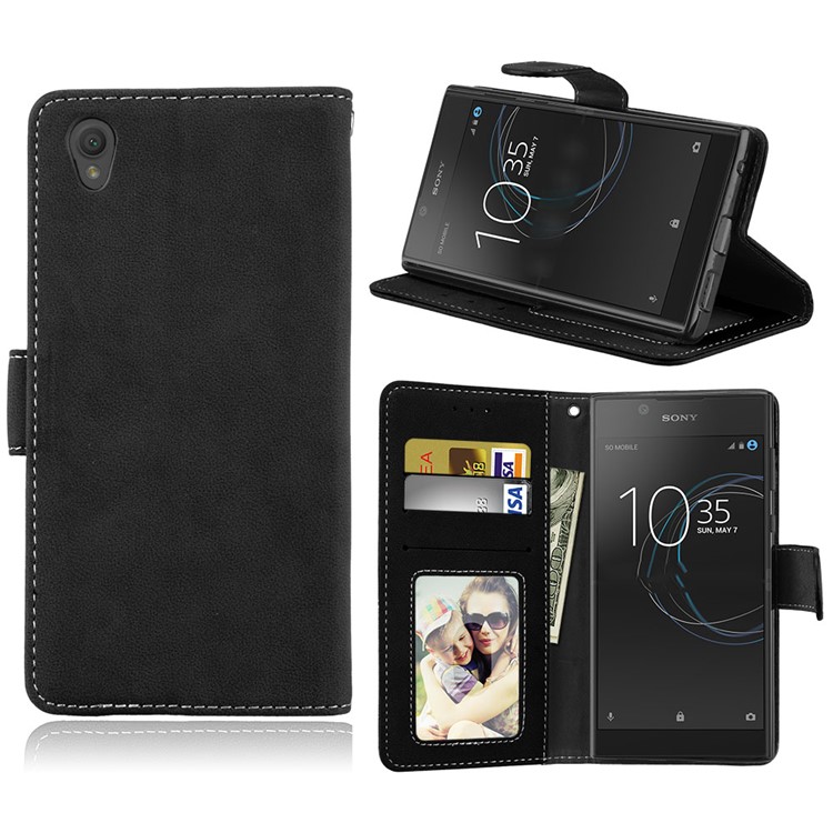 Matte Surface Wallet Leather Stand Case for Sony Xperia L1 - Black-1