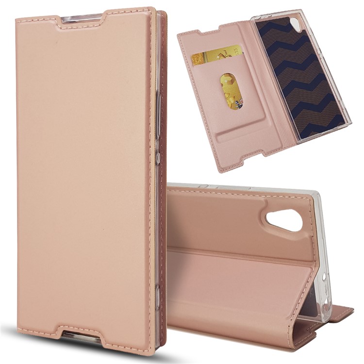 Magnetic Adsorption Stand Leather Card Holder Phone Casing for Sony Xperia XA1 - Rose Gold-1