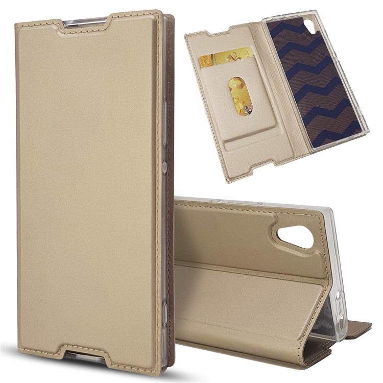For Sony Xperia XA1 Magnetic Adsorption Stand Leather Card Holder Protective Case - Gold-1