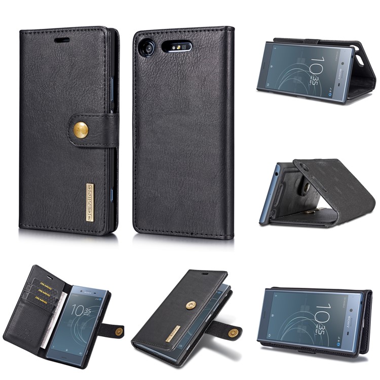 DG.MING Detachable 2-in-1 Split Leather Wallet Shell + PC Back Case for Sony Xperia XZ1 - Black-1
