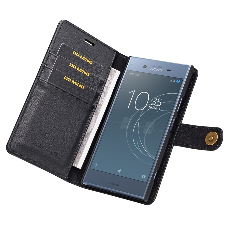 DG.MING Detachable 2-in-1 Split Leather Wallet Shell + PC Back Case for Sony Xperia XZ1 - Black-13