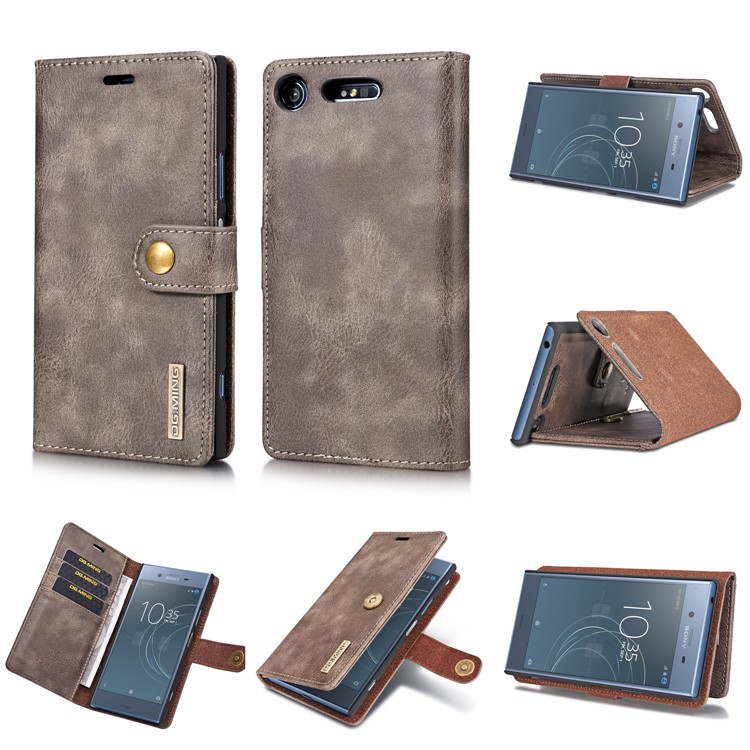 DG.MING Detachable 2-in-1 Split Leather Wallet Cover + PC Back Case for Sony Xperia XZ1 - Grey-1