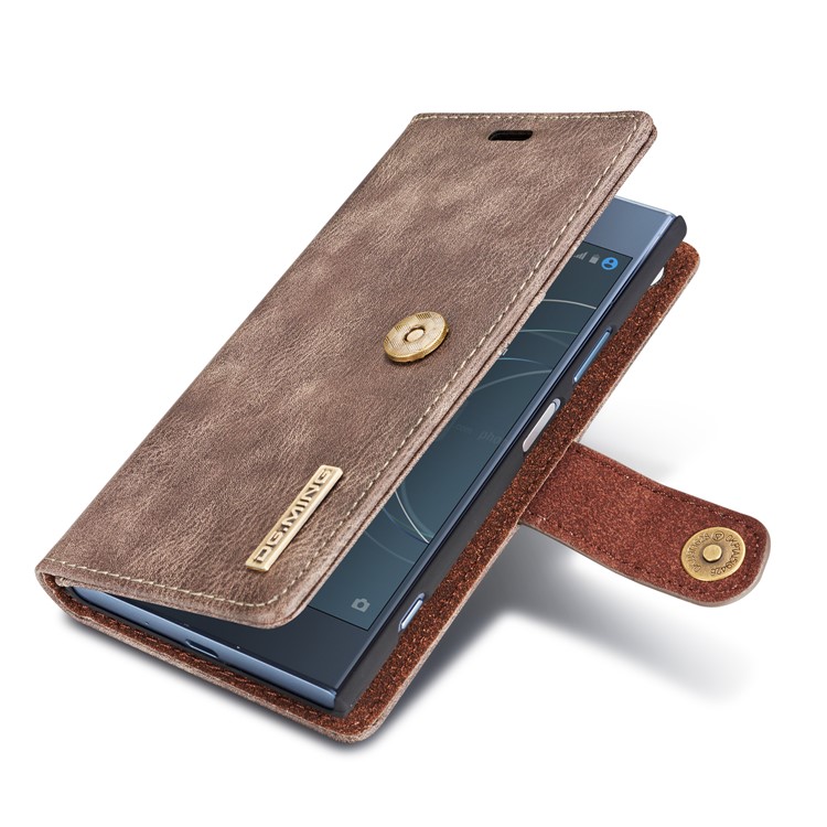 DG.MING Detachable 2-in-1 Split Leather Wallet Cover + PC Back Case for Sony Xperia XZ1 - Grey-12