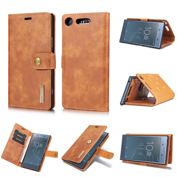 DG.MING Detachable 2-in-1 Split Leather Wallet Shell + PC Back Case Cover for Sony Xperia XZ1 - Brown-1