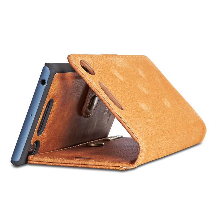 DG.MING Detachable 2-in-1 Split Leather Wallet Shell + PC Back Case Cover for Sony Xperia XZ1 - Brown-11